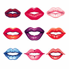 Lips vector set. Red, black and white lips isolated on white background.