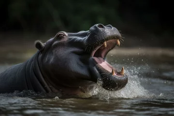 Fotobehang Dominant angry hippo with open mouth in Lake Mburo, Uganda, Africa. Generative AI © Thalia
