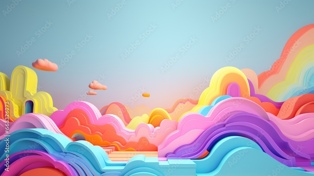 Poster an abstract painting of a colorful landscape with mountains and clouds. generative ai