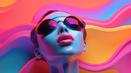  a woman with sunglasses on her head and a colorful background.  generative ai