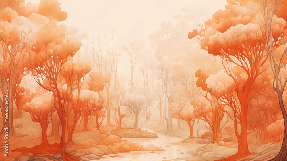 Poster a painting of a river in a forest with trees and rocks. generative ai