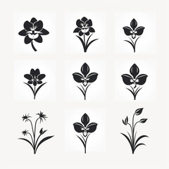 Set of black and white flowers silhouettes icons. Vector illustration.