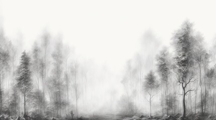  a black and white photo of a forest with trees in the fog.  generative ai