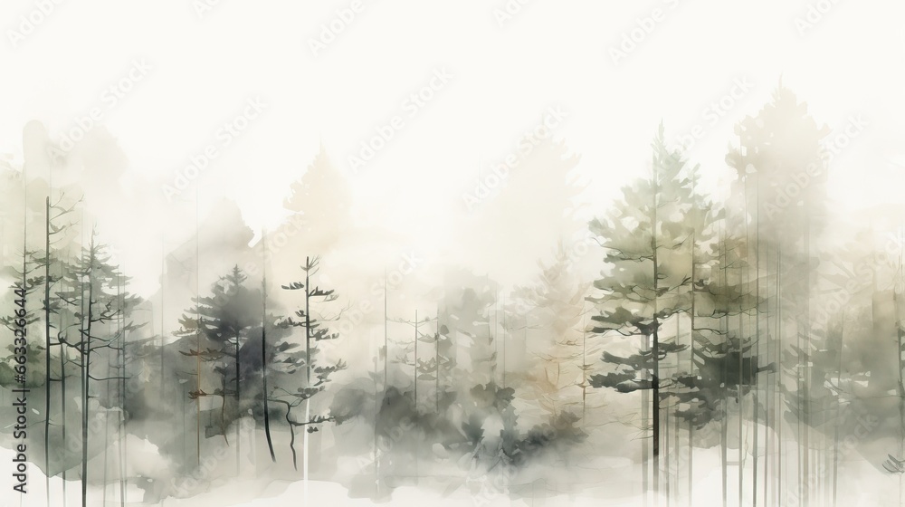 Poster a painting of a forest with trees in the snow and fog. generative ai