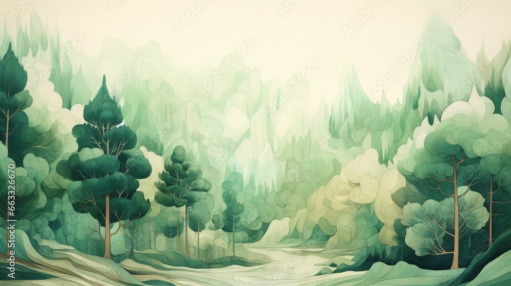 Poster a painting of a forest with trees and a path through it. generative ai
