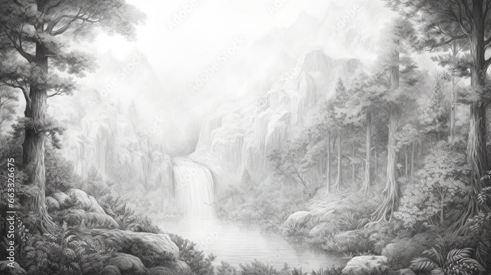 Poster a painting of a waterfall in a forest with fog and mist. generative ai