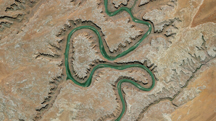 Fototapeta premium Bowknot Bend, Green River meanders and Labyrinth Canyon looking down aerial view from above – Bird’s eye view Bowknot Bend, Green River and Labyrinth Canyon, Utah, USA