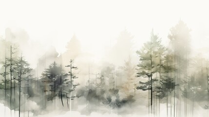 Fototapeta na wymiar a painting of a forest with trees in the snow and fog. generative ai