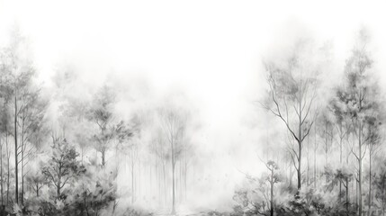  a black and white photo of a foggy forest with trees.  generative ai
