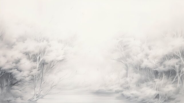  a black and white painting of a foggy forest scene.  generative ai