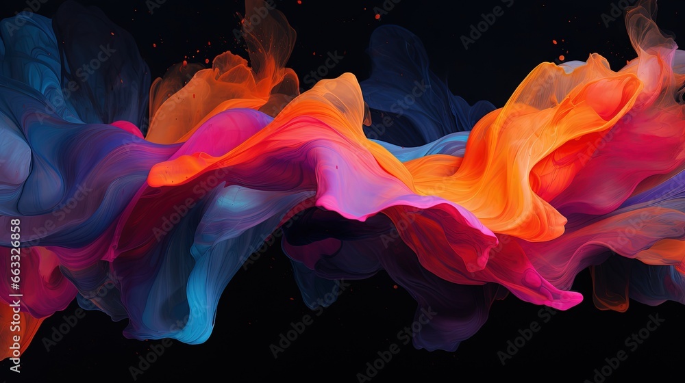 Poster an abstract painting of colorful smoke on a black background with space for text. generative ai