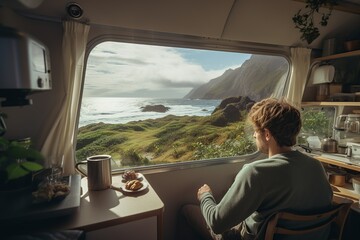 Boy having breakfast in his van overlooking the sea