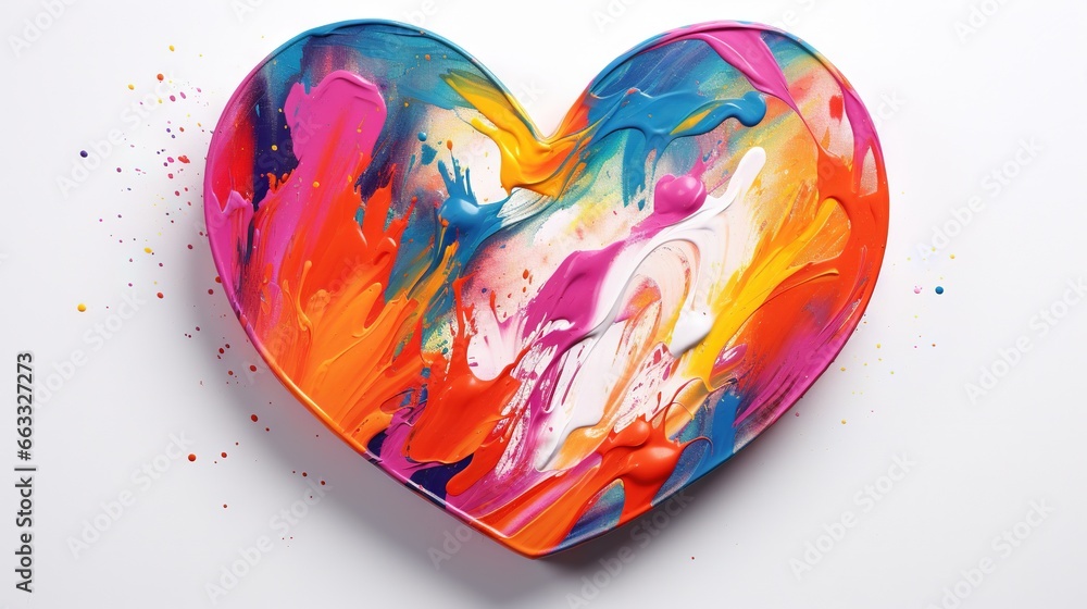 Poster a colorful heart shaped box with paint splattered on it. generative ai