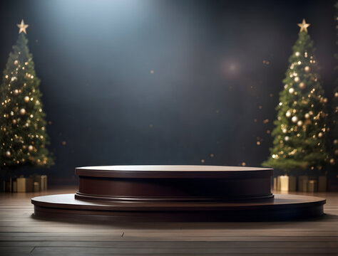 An empty wooden podium table in a room with christmas trees and decorations background for product mockups and banner