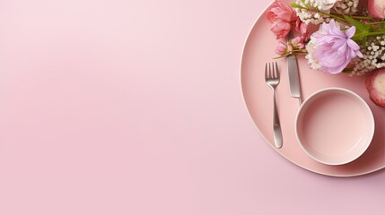  a pink plate with a fork, knife and flowers on it.  generative ai