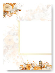 Minimalist wedding card template withgolden brown gerberra watercolor.