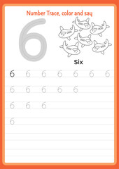 Numbers Worksheet | Trace, color and say worksheet | kindergarten printable worksheet | Number Names - obrazy, fototapety, plakaty
