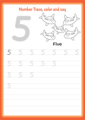 Numbers Worksheet | Trace, color and say worksheet | kindergarten printable worksheet | Number Names - obrazy, fototapety, plakaty