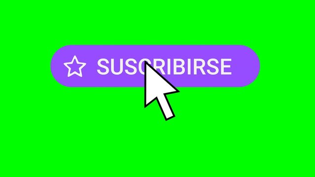 Flat style animation in Spanish of a purple follow button with a heart on which a mouse pointer in the shape of an arrow clicks to reveal a subscribe button. The pointer clicks on the button again.