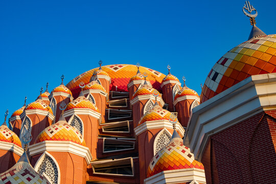 Masjid 99 Kubah Makassar Close-up photo (99 Domes Mosque). a beautiful Mosque with unique architecture, located in famous destination, Losari Beach, Makassar, Indonesia