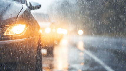 autumn rain and fog on the highway background with burning headlights of an oncoming car background copy space