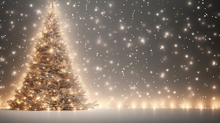christmas greeting card background, christmas tree decorated with small golden lights, empty copy space
