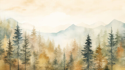 watercolor drawing, autumn landscape panorama coniferous forest in the mountains, horizon line on a white background in yellow tones of autumn