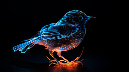 a small bird on a black background, glass transparent sculpture isolated on a black background, luminous luminescent colors