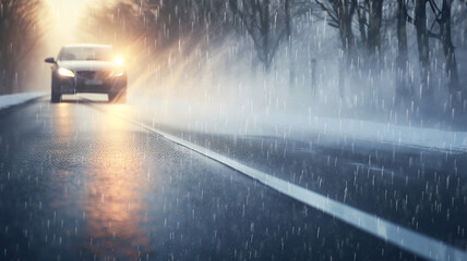 Obraz premium rain autumn headlights car highway fog, background with a copy of the space, oncoming car with fog lights in motion