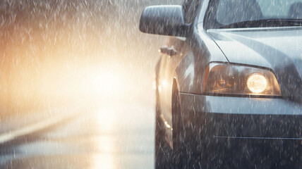 autumn rain and fog on the highway background with burning headlights of an oncoming car background...