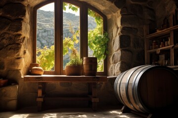 Barrel in an ancient castle beside the window.