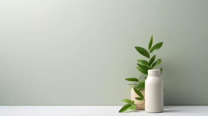 Clear White bottle on a white table against a light green background with Empty Copy Space - obrazy, fototapety, plakaty