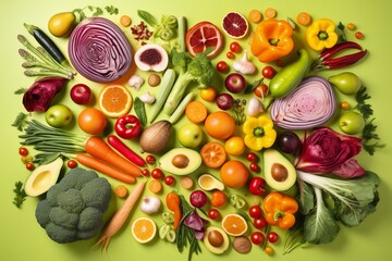Overhead shot of nutritious veggies on vibrant backdrop depicting a balanced meal. Generative AI