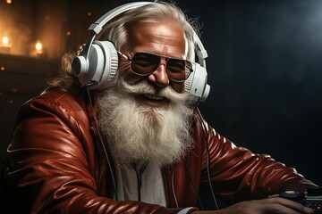 santa claus on christmas party celebration funky santa claus dj in white headset sing song sound...