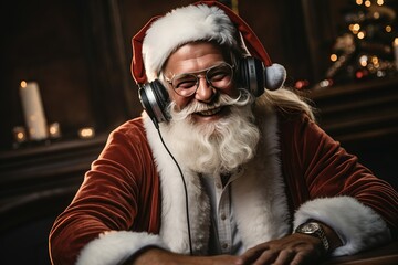 santa claus on christmas party celebration funky santa claus dj in white headset sing song sound melody listen music dance wear stylish x-mas hat suspenders isolated