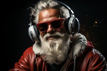 santa claus on christmas party celebration funky santa claus dj in white headset sing song sound...