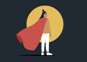 A character standing in a spotlight, donning a vibrant red superhero cape, set against a dark background
