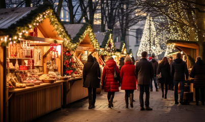 People enjoying a traditional Christmas market with wooden stalls and glowing lights