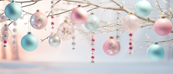 Christmas whimsical pastel dreams. A soft, dreamy close-up of christmas-tree branches with pastel-colored ornaments and ribbons. - obrazy, fototapety, plakaty