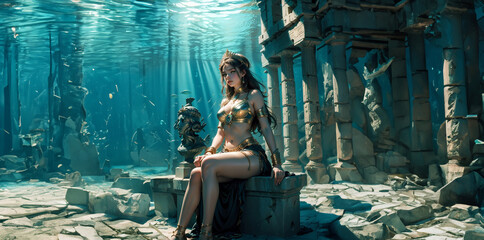 Beautiful girl living in the underwater world. Sexy girl in underwater fantasy world. Fairy tale. Fantasy.