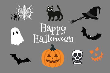 Happy Halloween Vector, Halloween pumpkin, bat, spider web, skeleton, ghost, witch broom and witch hat. Halloween 2023 decorative elements.