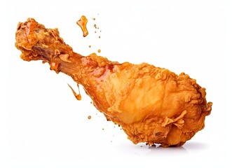 Fried chicken leg falling in the air isolated on a white background.
