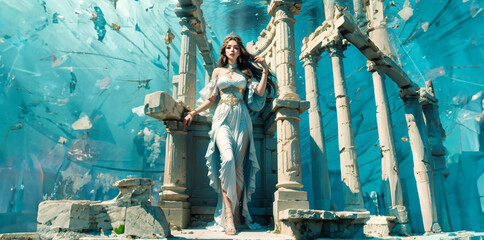 Beautiful girl living in the underwater world. Sexy girl in underwater fantasy world. Fairy tale. Fantasy.