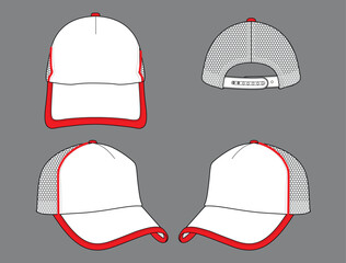 Two Tone Mesh Trucker Cap White-Red With Adjustable Snap Back Strap Design On Gray Background