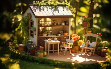 Fototapeta na wymiar Miniature Furniture in Sunlit Dollhouse