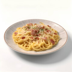 Spaghetti Carbonara with bacon and cheese on a white background.