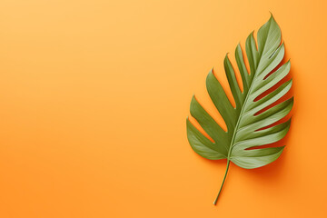 Green tropical leaf on an orange color background with copy space