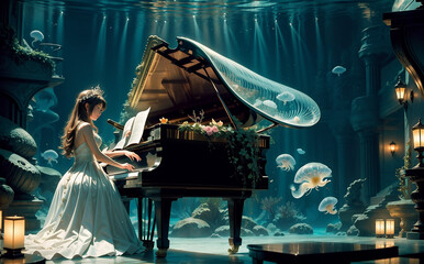 Beautiful girl living in the underwater world. Sexy girl in underwater fantasy world. Fairy tale. Fantasy.