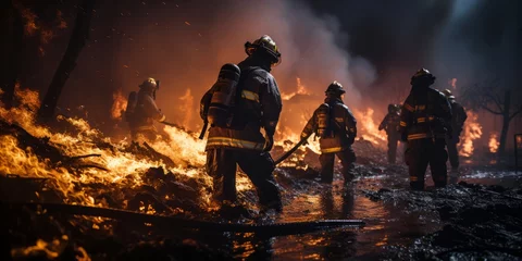 Foto op Plexiglas Firefighters work to extinguish fire explode accident Team fightingThey are fire drilling or fire fighting on the road the village or forest fire in the background © VERTEX SPACE