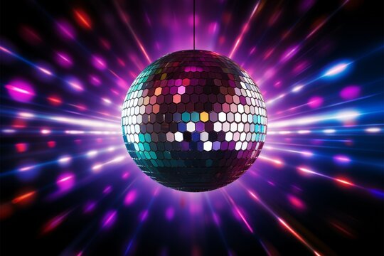 3D rendering of a sparkling disco ball amid neon lights